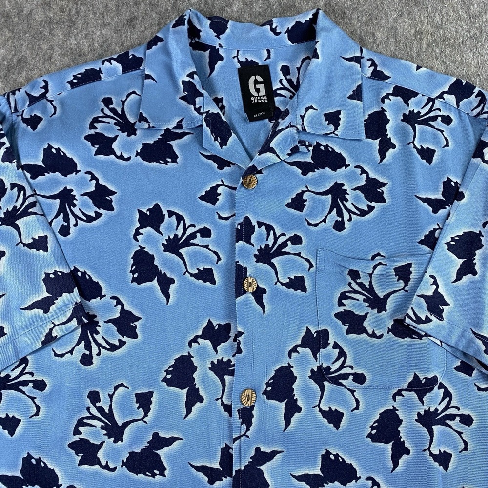 Vintage Guess Jeans Loop Collar‎ Shirt Medium Rayon Hawaiian Blue Short Sleeve